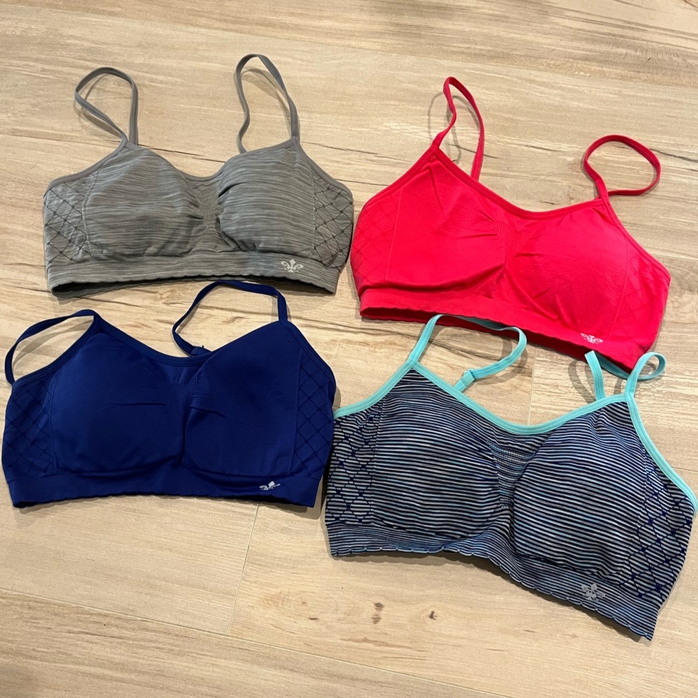 Lily of France Sports Bras Bundle of 4 - Gray, Pink, Blue, Striped